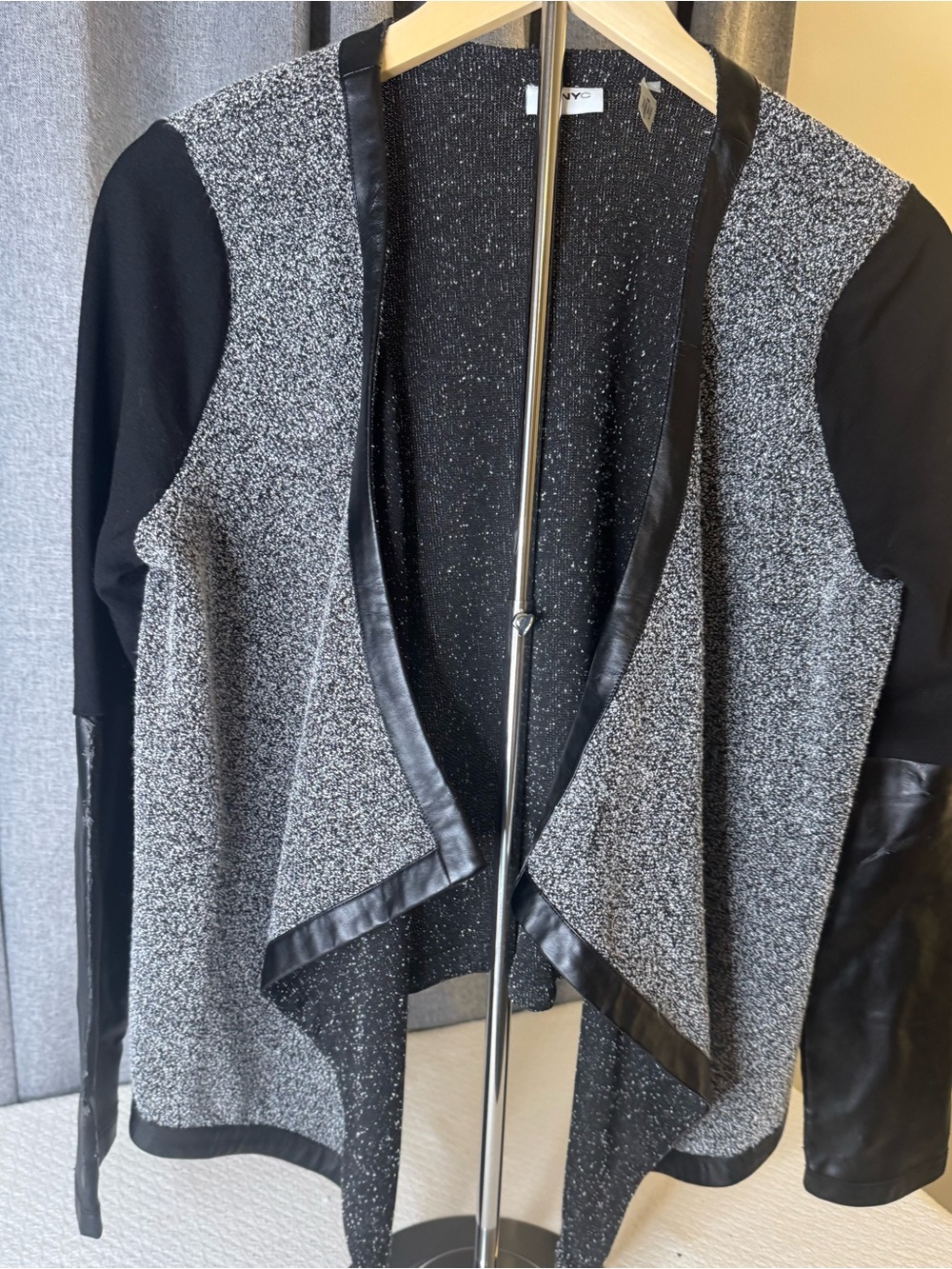 Dkny Black and Gray Open-Front Mixed-Media Cardigan
